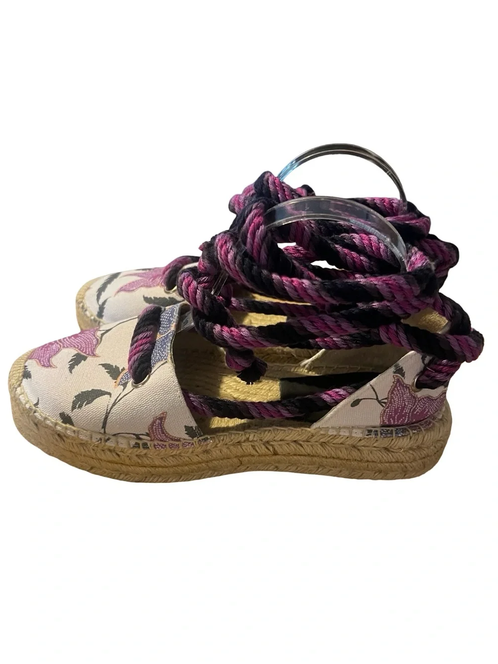 Isabel Marant Floral Canvas Espadrille Wedge Sandals - Pink/Black/Cream 38 7.5